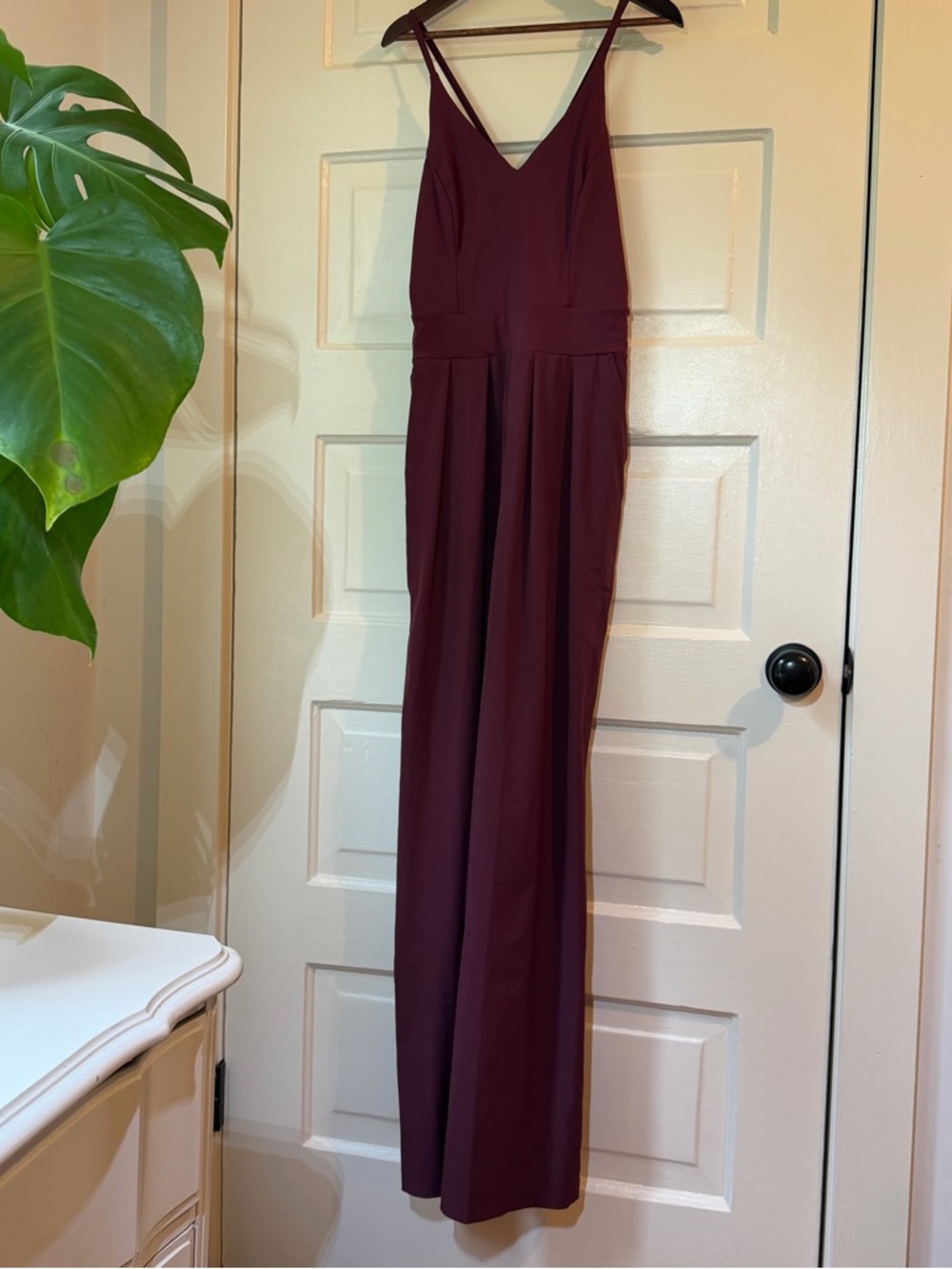 HALARA Burgundy V-Neck Jumpsuit with Slim Straps